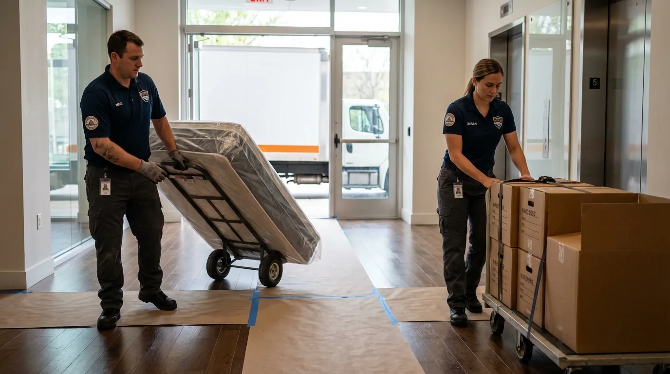Professional apartment movers loading elevator in Bethany, MO